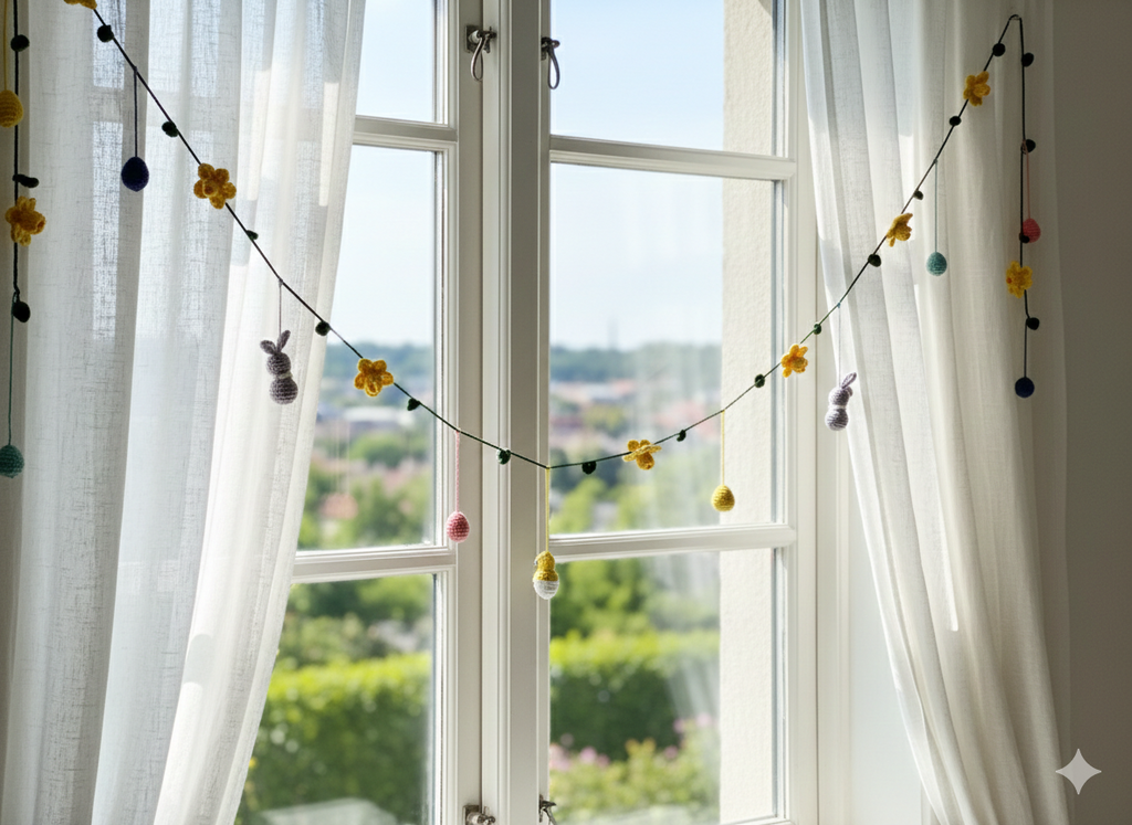 Påskeranke med hæklet påskepynt