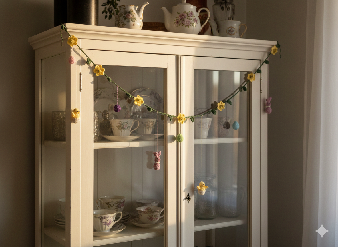 Påskeranke med hæklet påskepynt