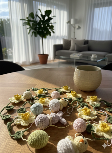 Påskeranke med hæklet påskepynt