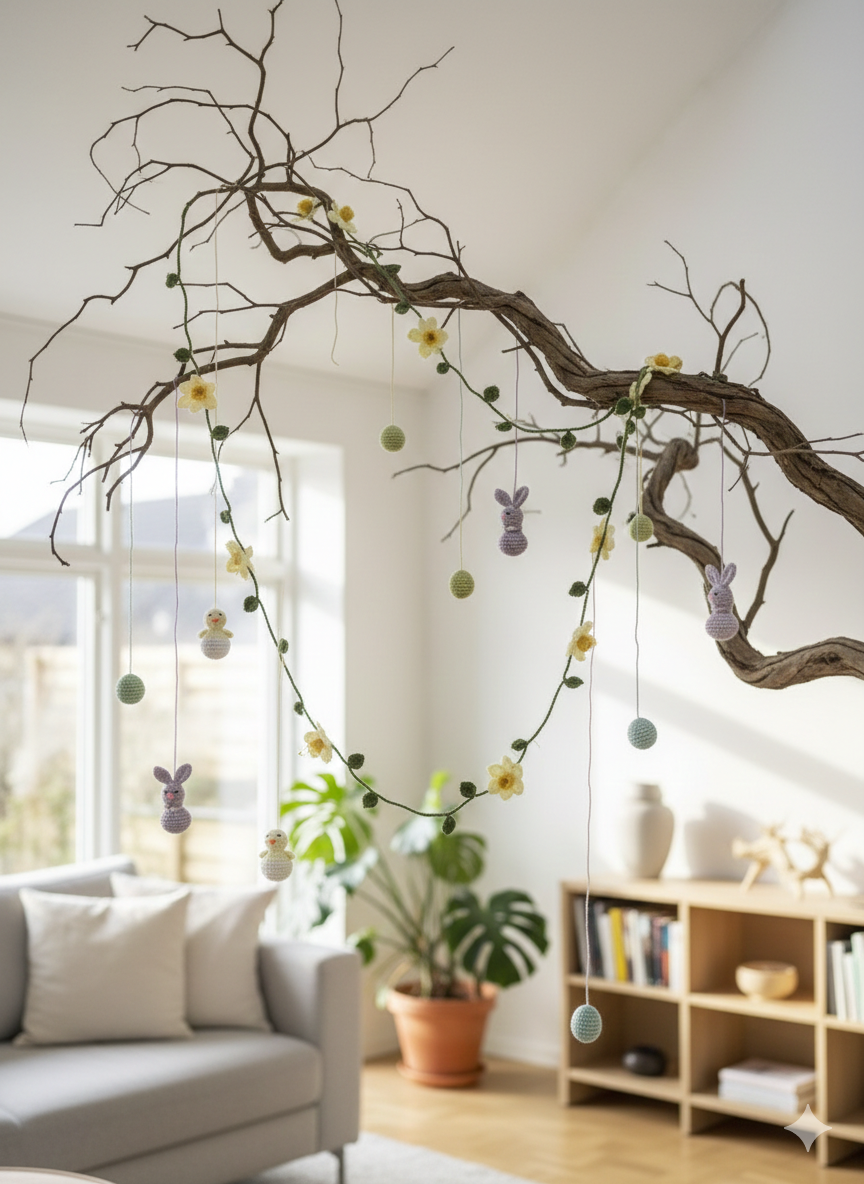 Påskeranke med hæklet påskepynt