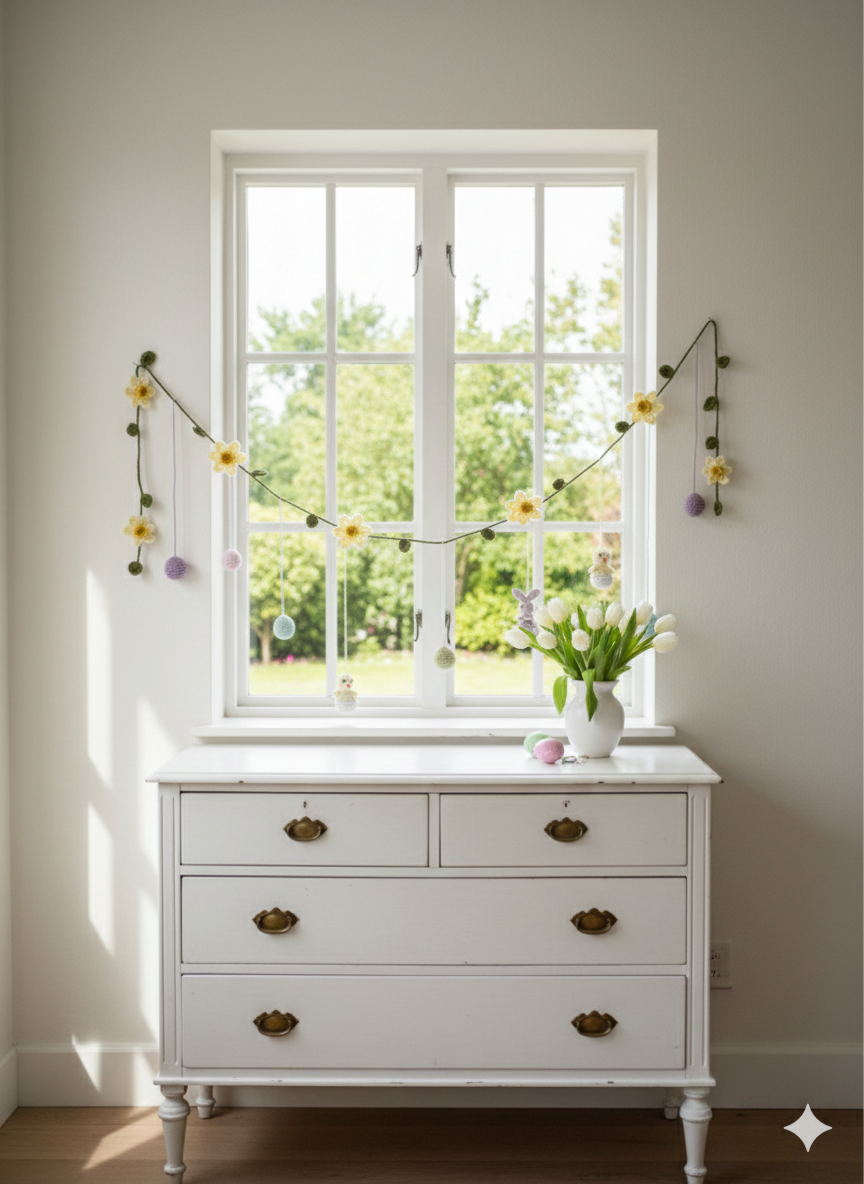 Påskeranke med hæklet påskepynt