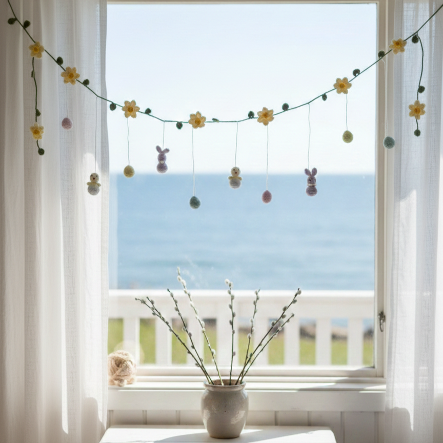 Påskeranke med hæklet påskepynt